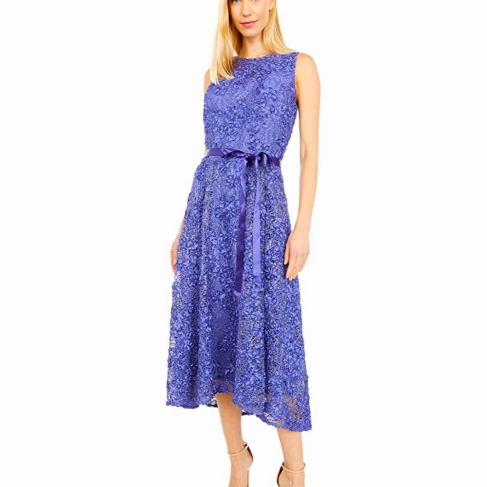 Tahari ASL Women's Sleeveless Lace Embroidered High Low Party Dress